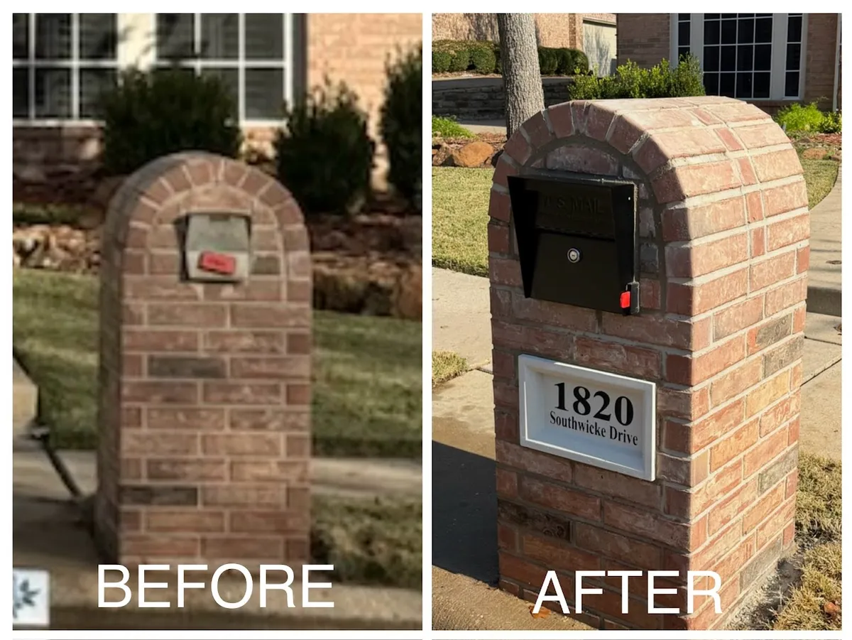 Before and after of a worn brick mailbox rebuilt with a new locking insert and address block