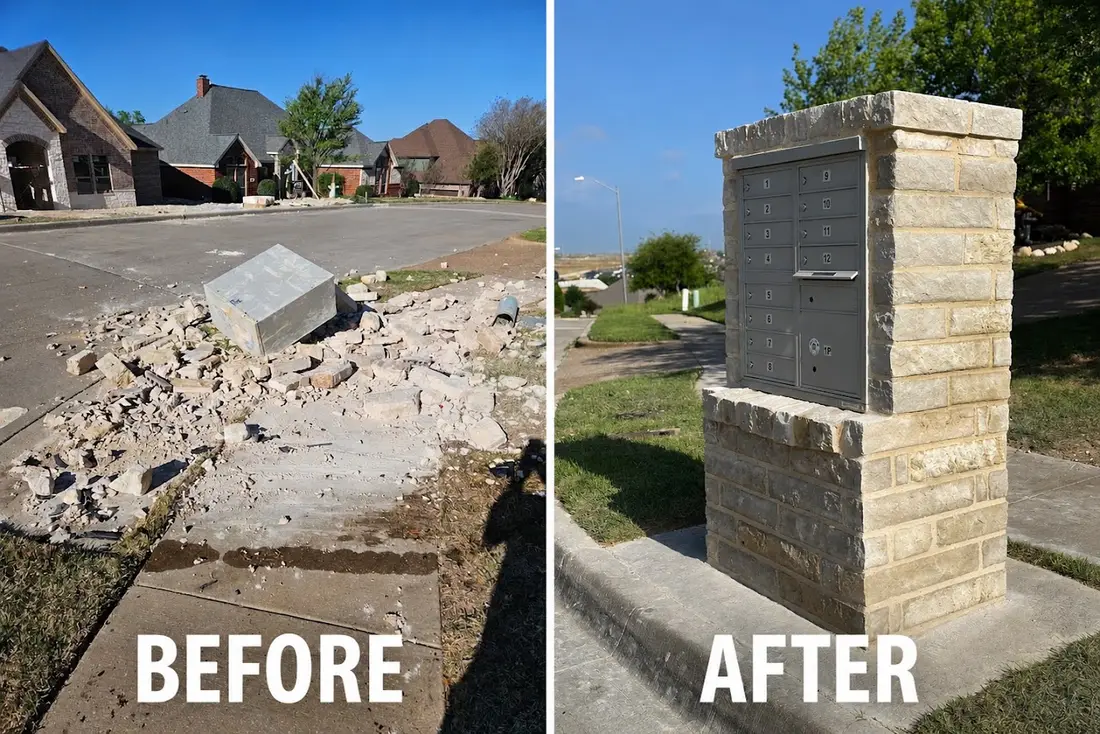 Before and after collage of a demolished cluster mailbox rebuilt with a stone surround