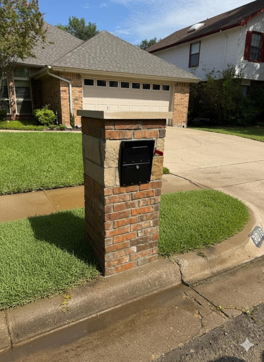 Brick mailbox with stone accents