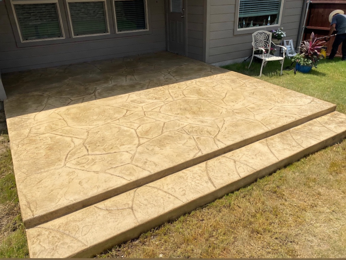 Stamped Concrete patio finish example by Parker County Masonry