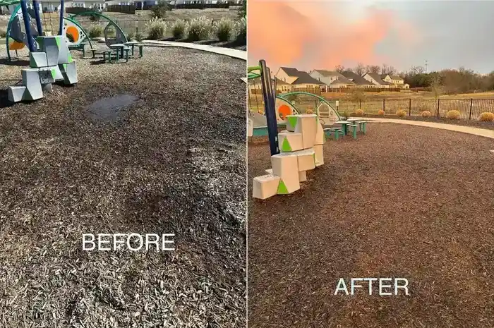 Before and after comparison of commercial playground rubber mulch surfacing restoration