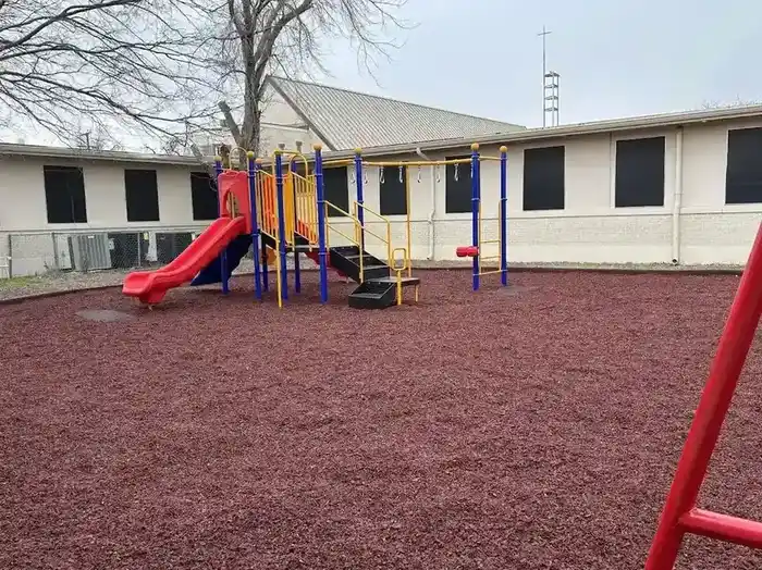 Commercial play structure with slide, climbing stairs, and monkey bars on rubber mulch
